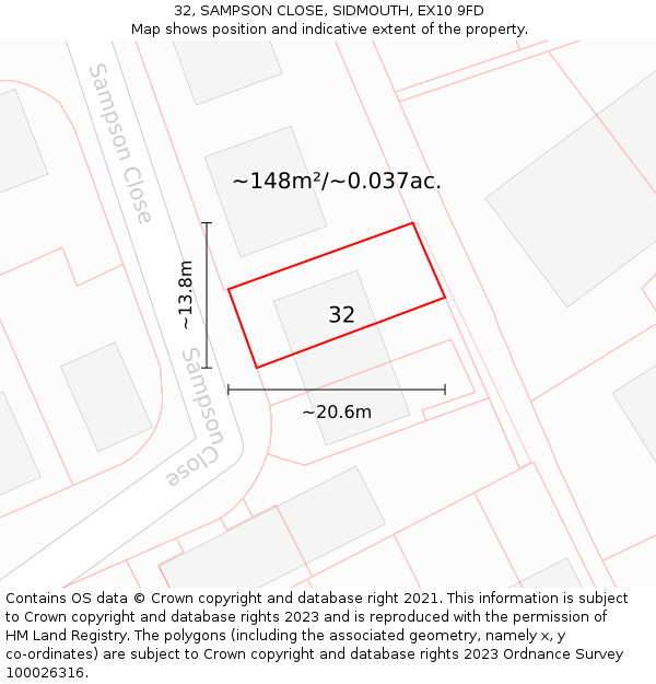 32, SAMPSON CLOSE, SIDMOUTH, EX10 9FD: Plot and title map