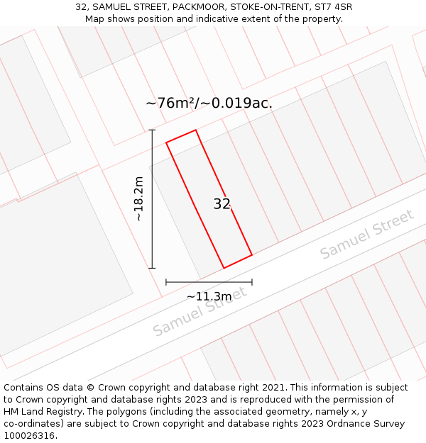 32, SAMUEL STREET, PACKMOOR, STOKE-ON-TRENT, ST7 4SR: Plot and title map