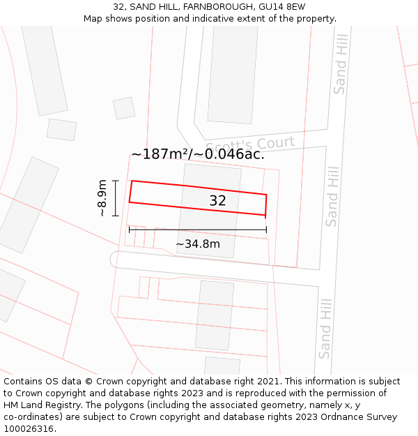 32, SAND HILL, FARNBOROUGH, GU14 8EW: Plot and title map