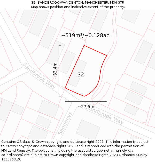 32, SANDBROOK WAY, DENTON, MANCHESTER, M34 3TR: Plot and title map