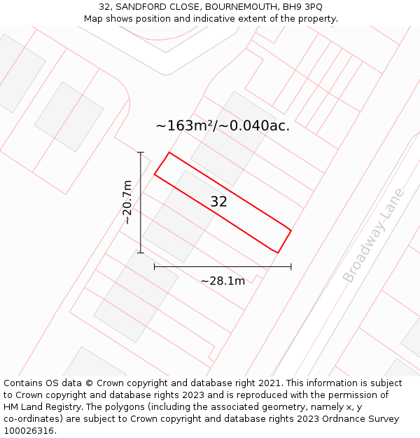 32, SANDFORD CLOSE, BOURNEMOUTH, BH9 3PQ: Plot and title map
