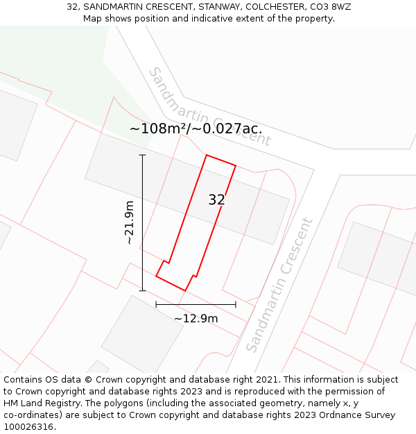 32, SANDMARTIN CRESCENT, STANWAY, COLCHESTER, CO3 8WZ: Plot and title map