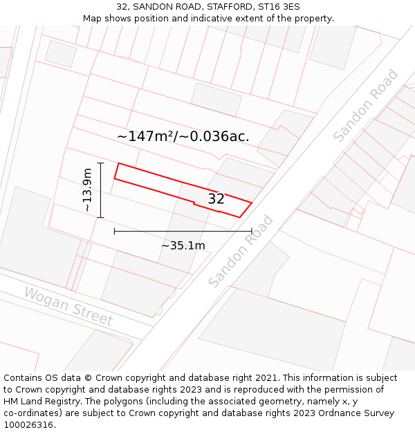 32, SANDON ROAD, STAFFORD, ST16 3ES: Plot and title map