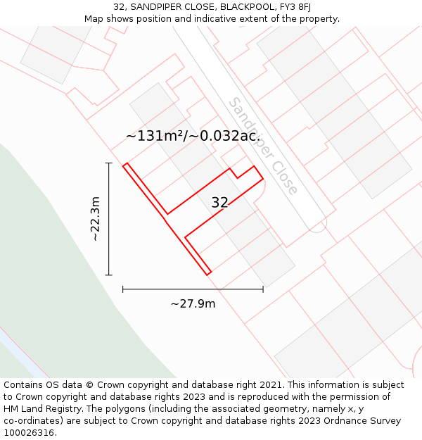 32, SANDPIPER CLOSE, BLACKPOOL, FY3 8FJ: Plot and title map