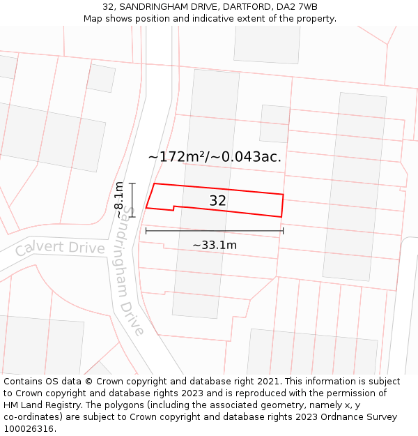 32, SANDRINGHAM DRIVE, DARTFORD, DA2 7WB: Plot and title map