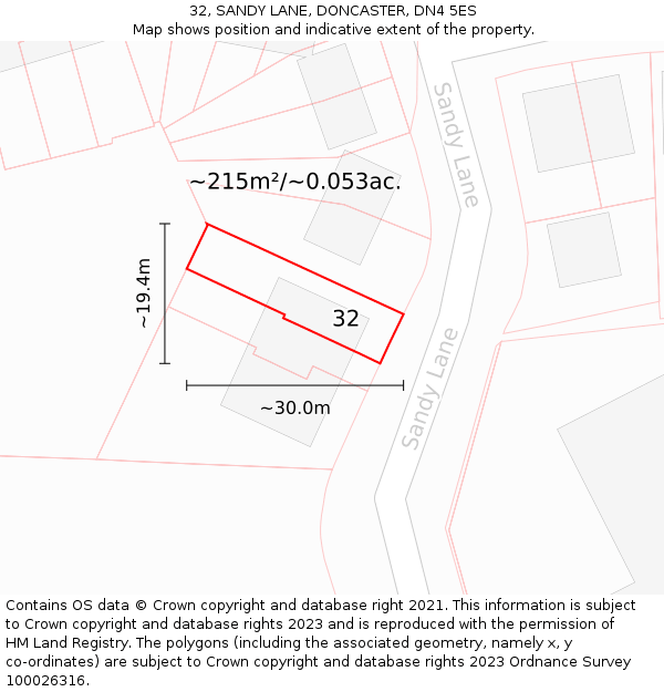 32, SANDY LANE, DONCASTER, DN4 5ES: Plot and title map