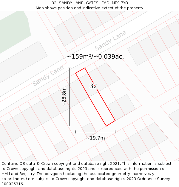 32, SANDY LANE, GATESHEAD, NE9 7YB: Plot and title map