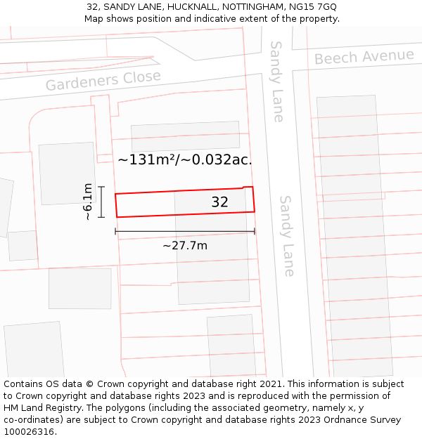 32, SANDY LANE, HUCKNALL, NOTTINGHAM, NG15 7GQ: Plot and title map