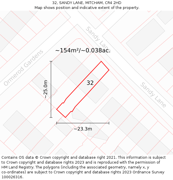 32, SANDY LANE, MITCHAM, CR4 2HD: Plot and title map