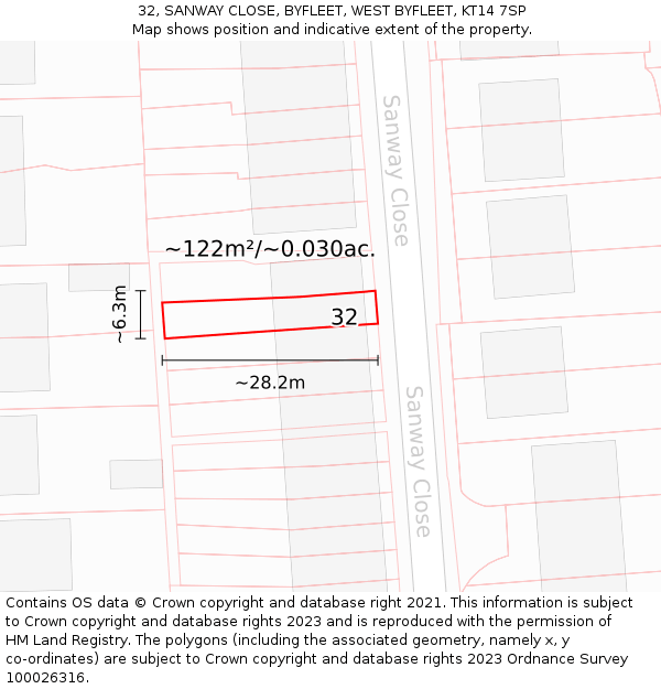 32, SANWAY CLOSE, BYFLEET, WEST BYFLEET, KT14 7SP: Plot and title map