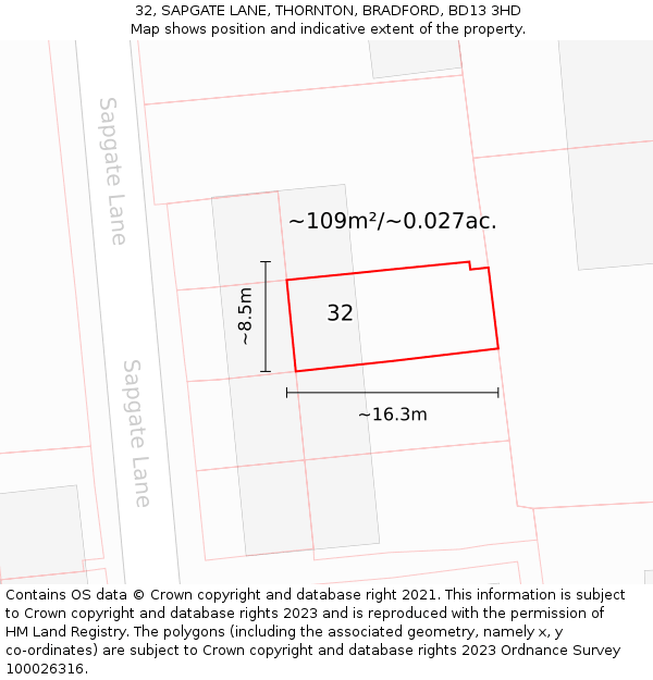 32, SAPGATE LANE, THORNTON, BRADFORD, BD13 3HD: Plot and title map