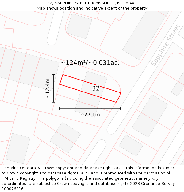 32, SAPPHIRE STREET, MANSFIELD, NG18 4XG: Plot and title map