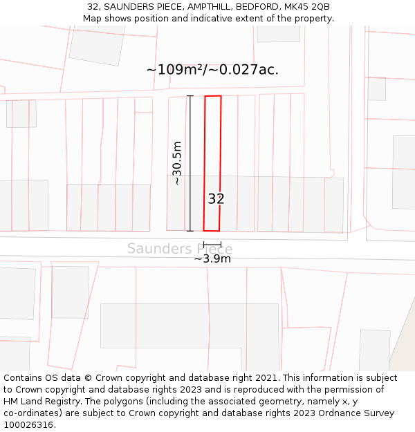 32, SAUNDERS PIECE, AMPTHILL, BEDFORD, MK45 2QB: Plot and title map
