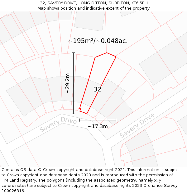 32, SAVERY DRIVE, LONG DITTON, SURBITON, KT6 5RH: Plot and title map