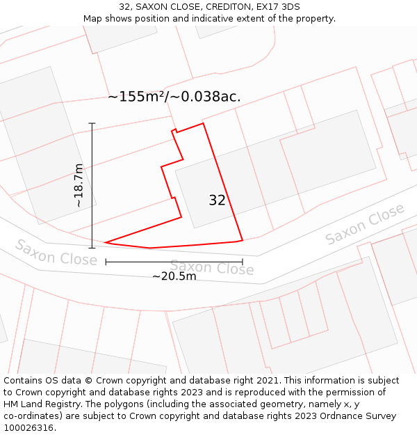 32, SAXON CLOSE, CREDITON, EX17 3DS: Plot and title map