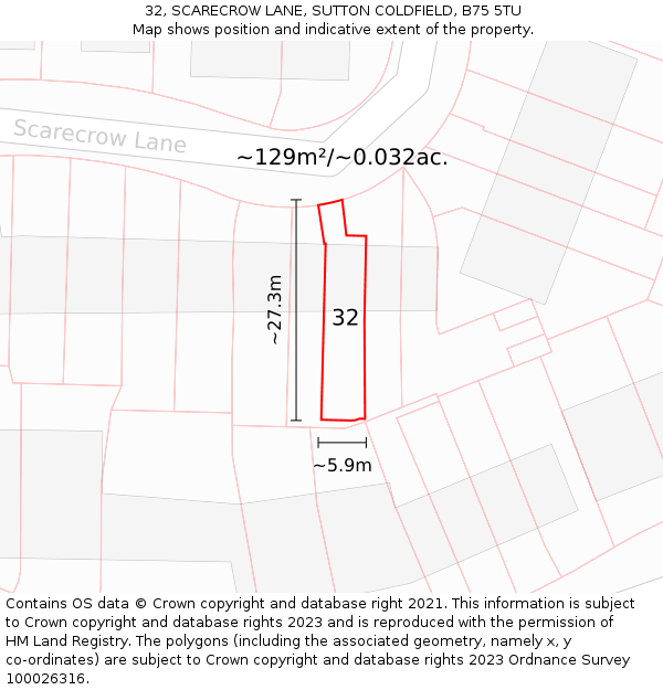 32, SCARECROW LANE, SUTTON COLDFIELD, B75 5TU: Plot and title map