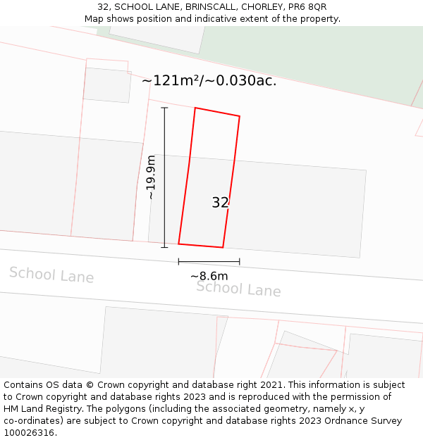 32, SCHOOL LANE, BRINSCALL, CHORLEY, PR6 8QR: Plot and title map