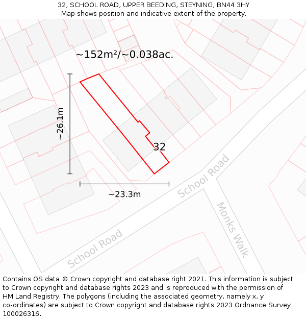 32, SCHOOL ROAD, UPPER BEEDING, STEYNING, BN44 3HY: Plot and title map