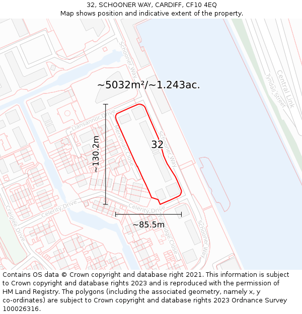 32, SCHOONER WAY, CARDIFF, CF10 4EQ: Plot and title map