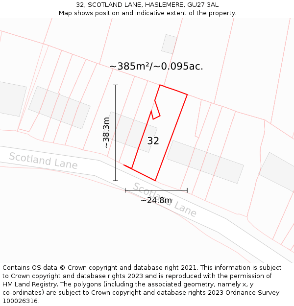 32, SCOTLAND LANE, HASLEMERE, GU27 3AL: Plot and title map