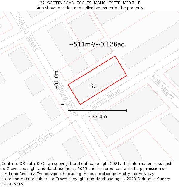 32, SCOTTA ROAD, ECCLES, MANCHESTER, M30 7HT: Plot and title map