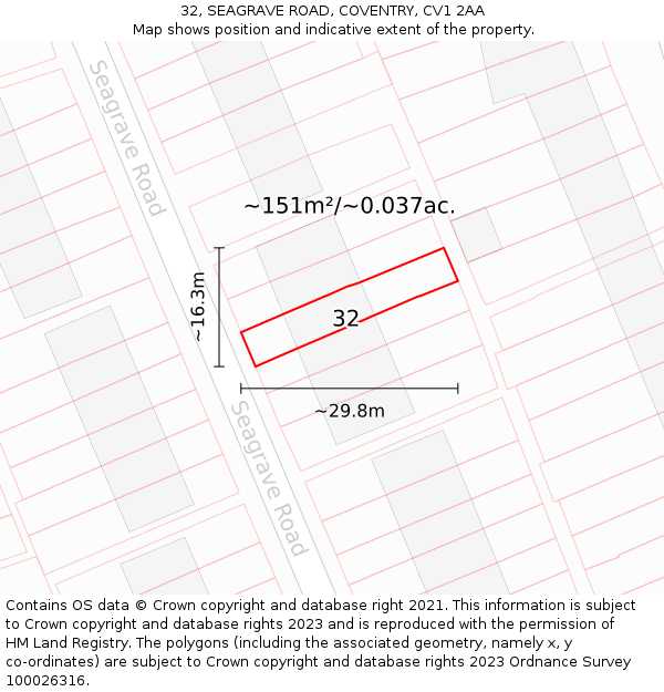 32, SEAGRAVE ROAD, COVENTRY, CV1 2AA: Plot and title map