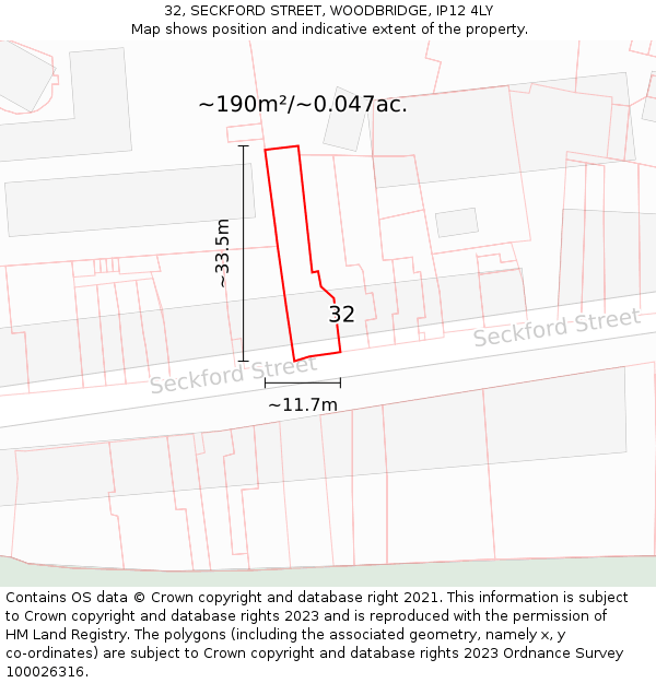32, SECKFORD STREET, WOODBRIDGE, IP12 4LY: Plot and title map
