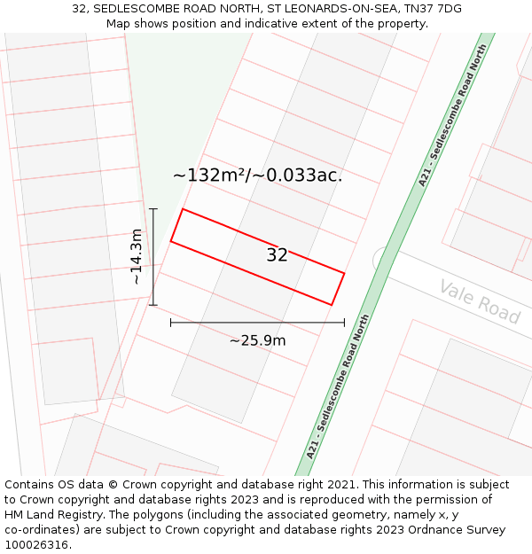 32, SEDLESCOMBE ROAD NORTH, ST LEONARDS-ON-SEA, TN37 7DG: Plot and title map