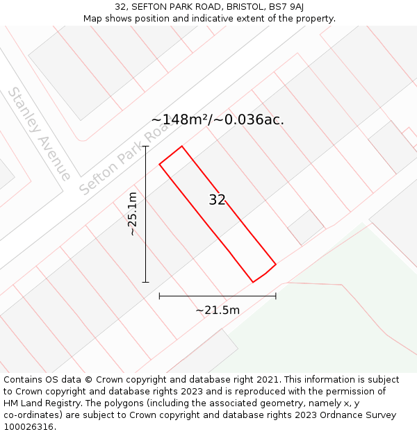 32, SEFTON PARK ROAD, BRISTOL, BS7 9AJ: Plot and title map