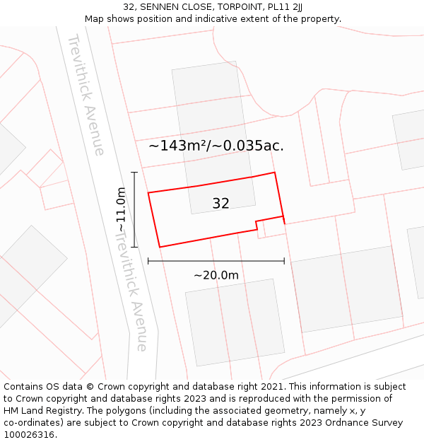 32, SENNEN CLOSE, TORPOINT, PL11 2JJ: Plot and title map