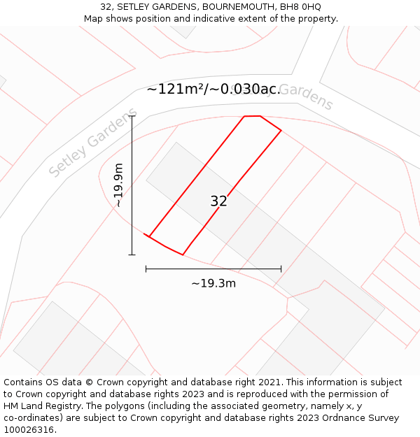 32, SETLEY GARDENS, BOURNEMOUTH, BH8 0HQ: Plot and title map