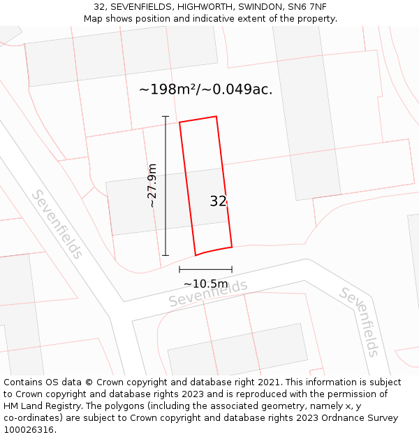 32, SEVENFIELDS, HIGHWORTH, SWINDON, SN6 7NF: Plot and title map