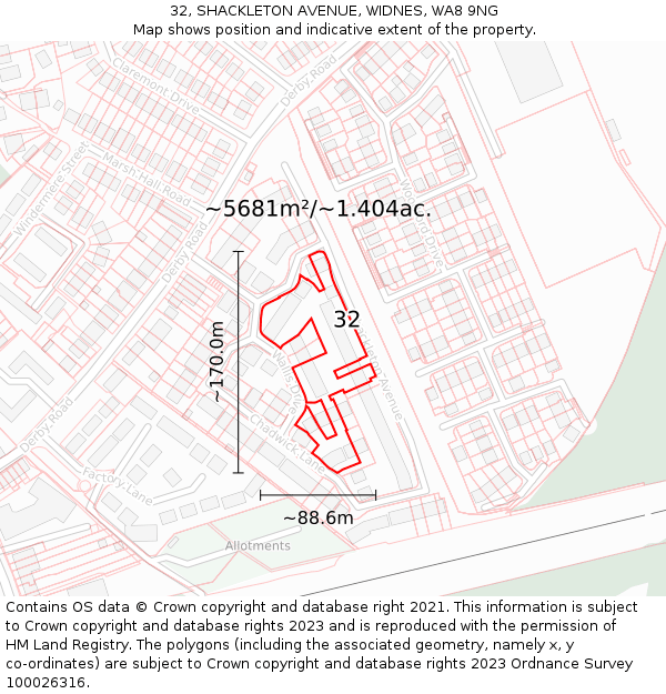 32, SHACKLETON AVENUE, WIDNES, WA8 9NG: Plot and title map