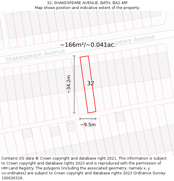 32, SHAKESPEARE AVENUE, BATH, BA2 4RF: Plot and title map