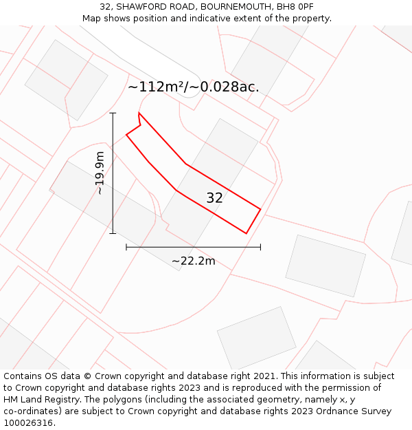 32, SHAWFORD ROAD, BOURNEMOUTH, BH8 0PF: Plot and title map