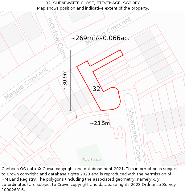32, SHEARWATER CLOSE, STEVENAGE, SG2 9RY: Plot and title map