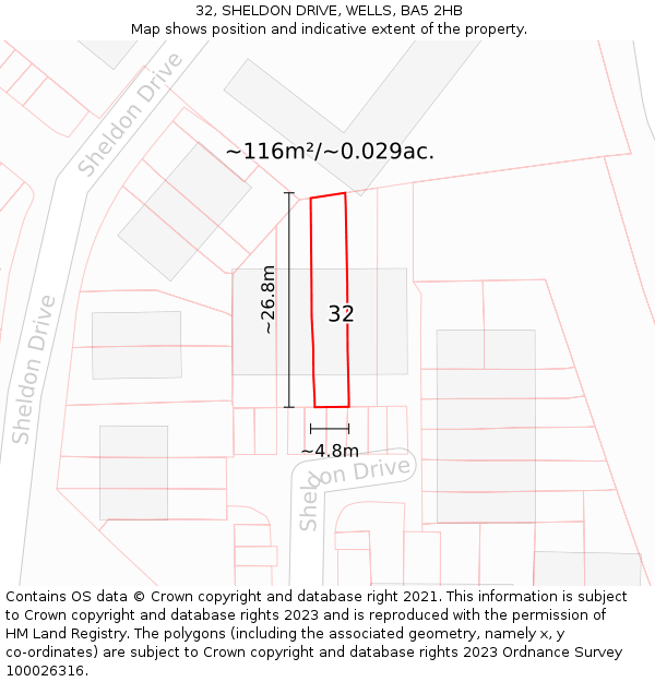 32, SHELDON DRIVE, WELLS, BA5 2HB: Plot and title map