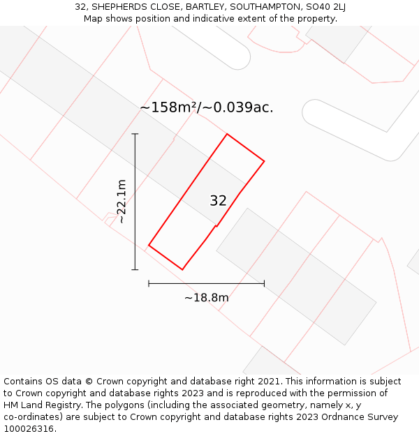 32, SHEPHERDS CLOSE, BARTLEY, SOUTHAMPTON, SO40 2LJ: Plot and title map