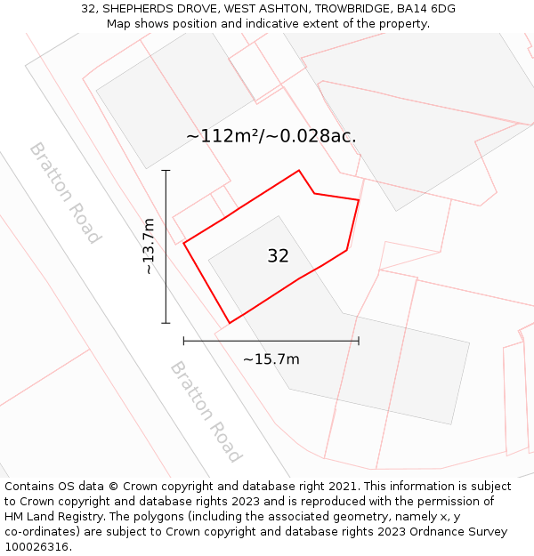 32, SHEPHERDS DROVE, WEST ASHTON, TROWBRIDGE, BA14 6DG: Plot and title map