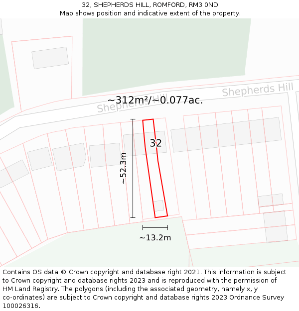 32, SHEPHERDS HILL, ROMFORD, RM3 0ND: Plot and title map