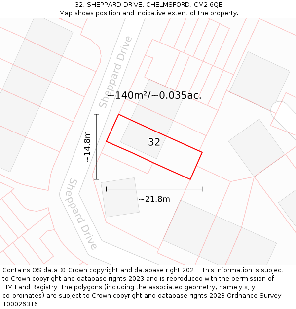 32, SHEPPARD DRIVE, CHELMSFORD, CM2 6QE: Plot and title map