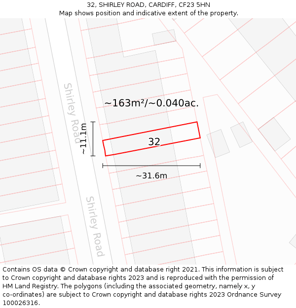 32, SHIRLEY ROAD, CARDIFF, CF23 5HN: Plot and title map
