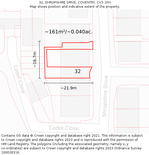 32, SHROPSHIRE DRIVE, COVENTRY, CV3 1PH: Plot and title map