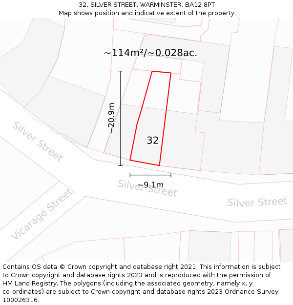 32, SILVER STREET, WARMINSTER, BA12 8PT: Plot and title map