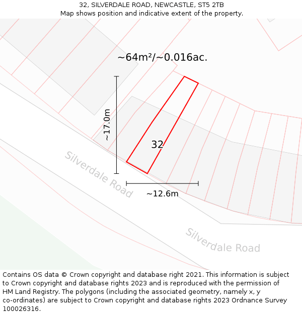 32, SILVERDALE ROAD, NEWCASTLE, ST5 2TB: Plot and title map