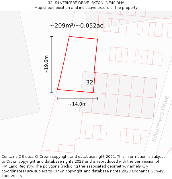 32, SILVERMERE DRIVE, RYTON, NE40 3HA: Plot and title map