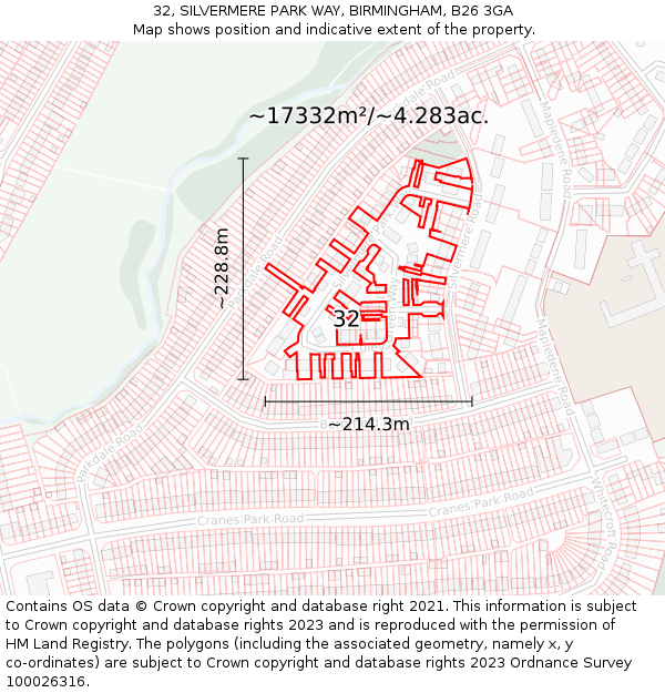 32, SILVERMERE PARK WAY, BIRMINGHAM, B26 3GA: Plot and title map