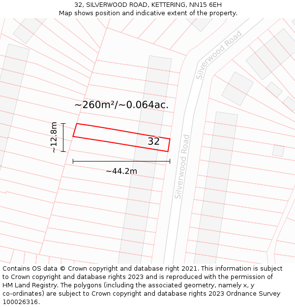 32, SILVERWOOD ROAD, KETTERING, NN15 6EH: Plot and title map