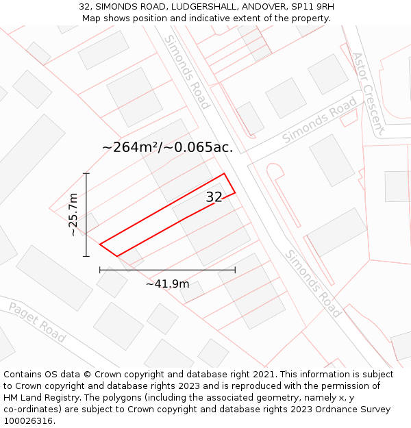 32, SIMONDS ROAD, LUDGERSHALL, ANDOVER, SP11 9RH: Plot and title map
