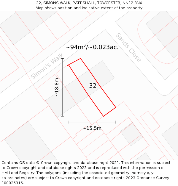 32, SIMONS WALK, PATTISHALL, TOWCESTER, NN12 8NX: Plot and title map